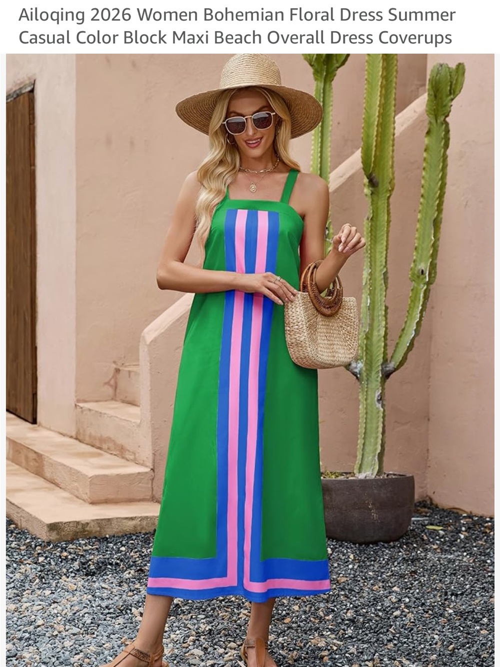 Amazon Green Maxi Dress with Pink and Blue Stripes